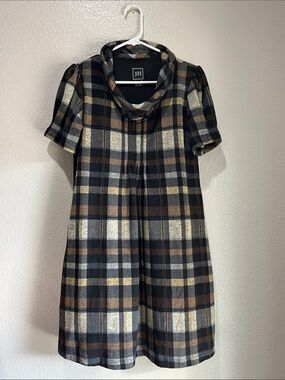 JH Plaid Cowl Neck Short Sleeve Dress in Black Brown Sz S preppy Whimsigoth